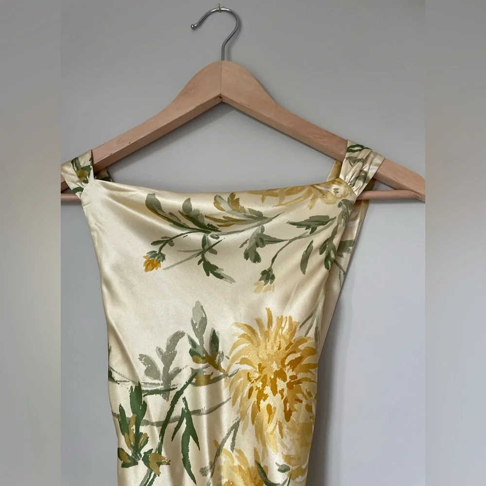 NEW Reformation Anaiis Long Backless Silk Dress Honeyglow Yellow Floral | US 2 - Picture 13 of 15